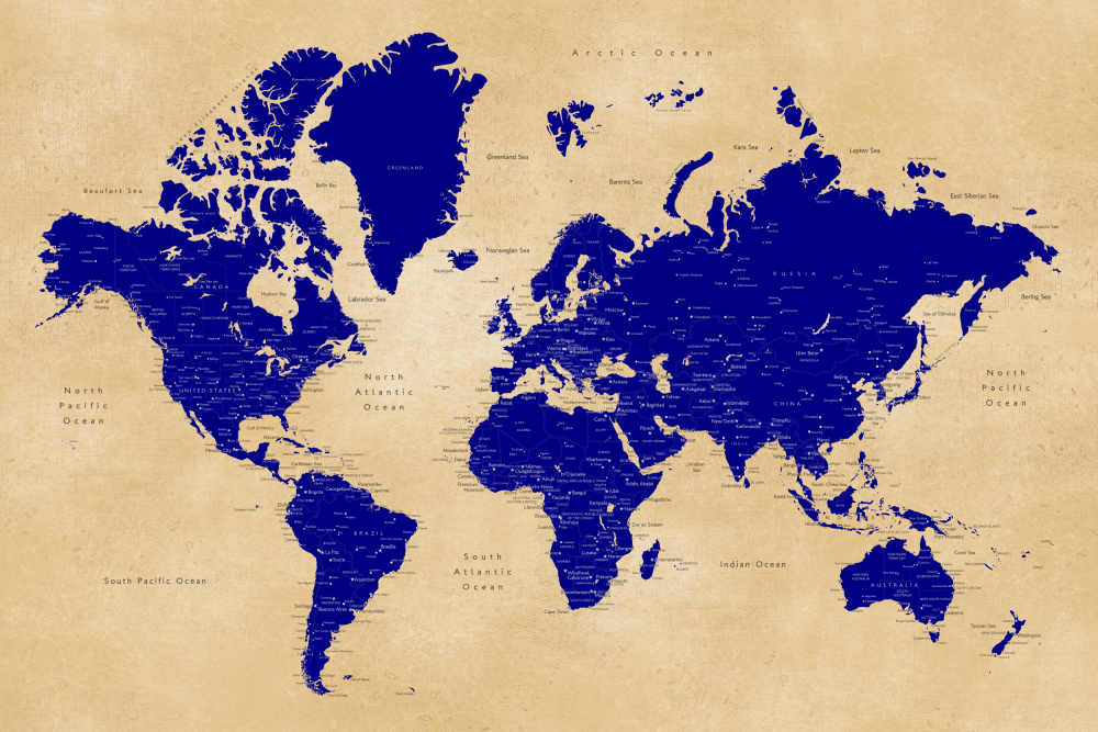 Rustic world map with cities, Korinne von Rosana Laiz Blursbyai