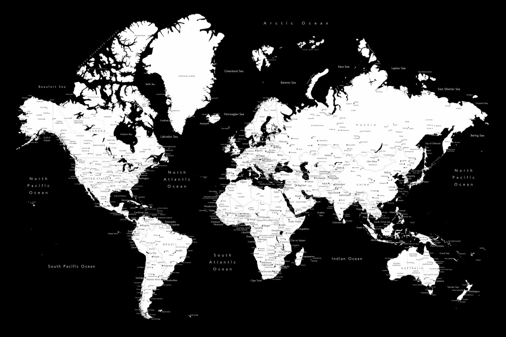 Black and white world map with cities, Connie von Rosana Laiz Blursbyai