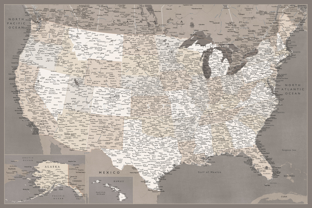 Highly detailed map of the United States, dark taupe von Rosana Laiz Blursbyai