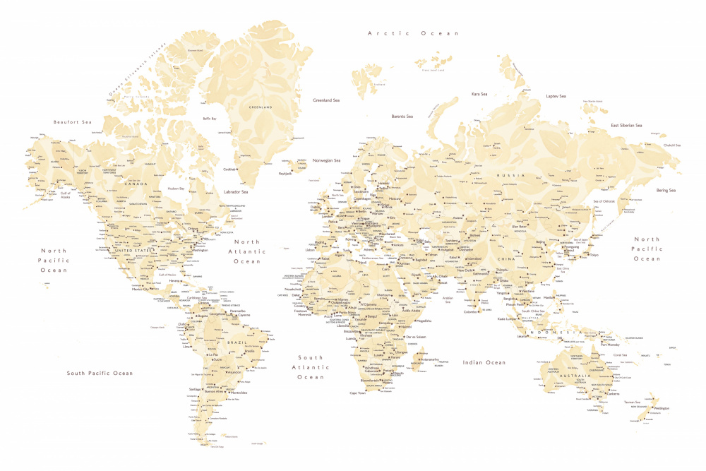 Soft florals world map with cities, Remy von Rosana Laiz Blursbyai