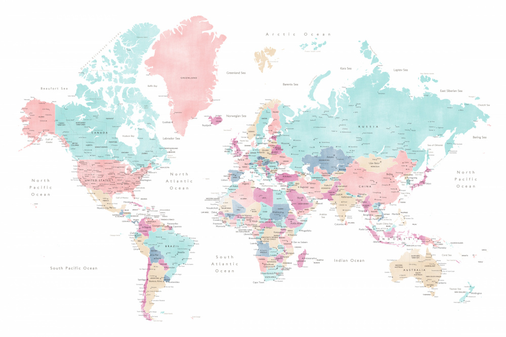 Distressed pastels world map with cities, Carmen von Rosana Laiz Blursbyai