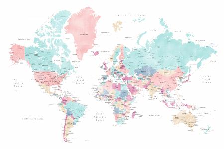 Distressed pastels world map with cities, Carmen