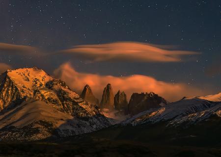 Torres del Paine under moonlight