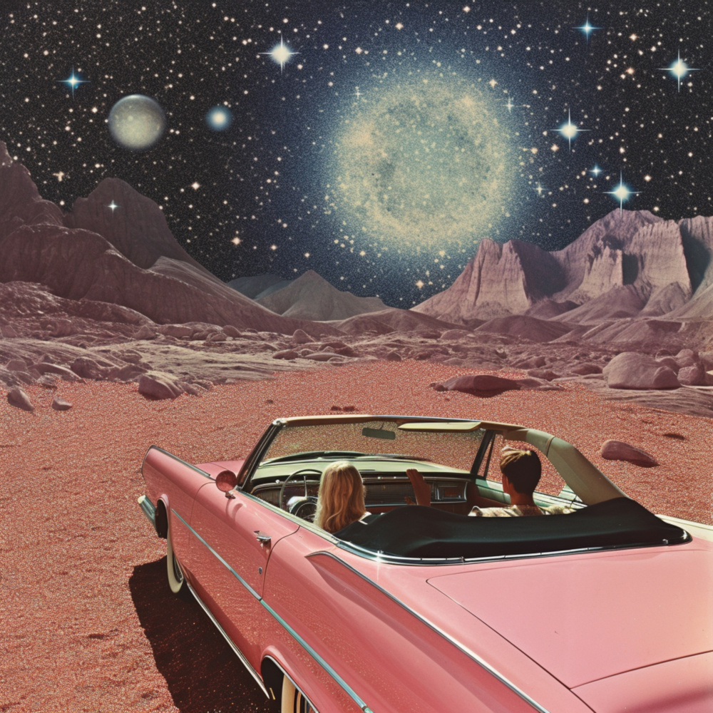 Pink Vintage Car In Space Collage Art 2 von Samantha Hearn