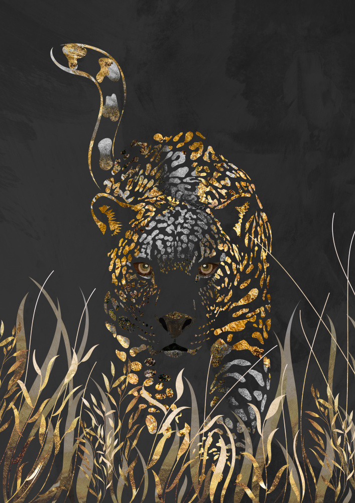 Black gold jaguar in grass von Sarah Manovski