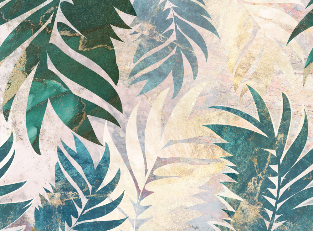 Marble gold green leaves mural von Sarah Manovski