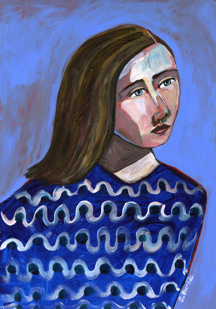 Woman in Blue Sweater Naive Portrait Figurative von Sharyn Bursic