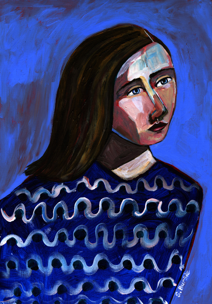 Woman in Blue Sweater Naive Portrait Figurative von Sharyn Bursic