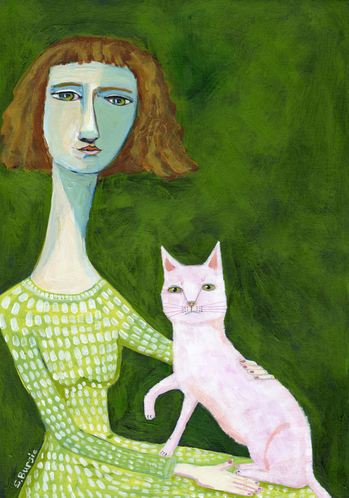 Cat Lady with pink cat von Sharyn Bursic