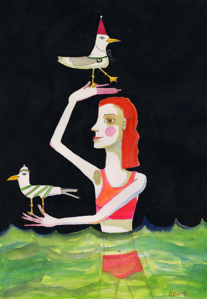 Swimming Lady with birds von Sharyn Bursic