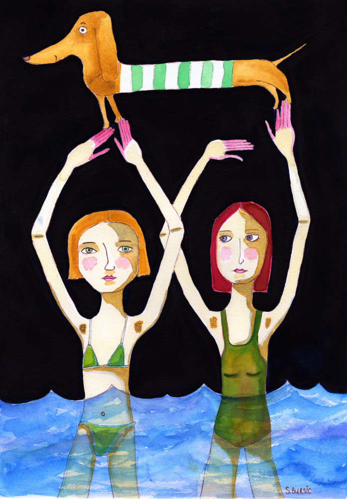 Swimming Girls with Sausage Dog von Sharyn Bursic