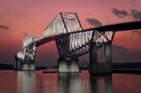 Tokyo Gate Bridge nestled in the setting sun.