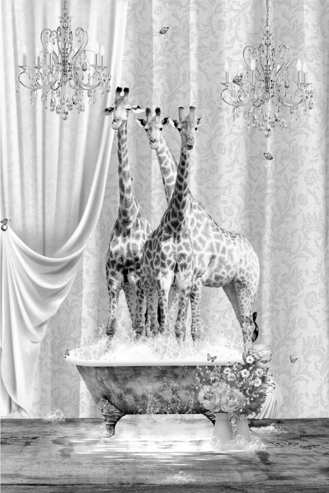 Three Giraffes &amp; Bubbles Black &amp; White von Sue Skellern