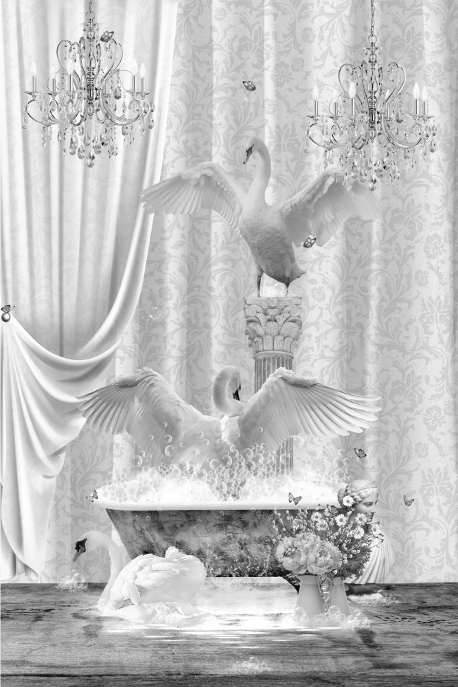 Three Swans &amp; Bubbles Black &amp; White von Sue Skellern