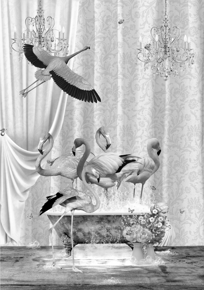 A flurry of Flamingos &amp; Bubbles Black &amp; White von Sue Skellern