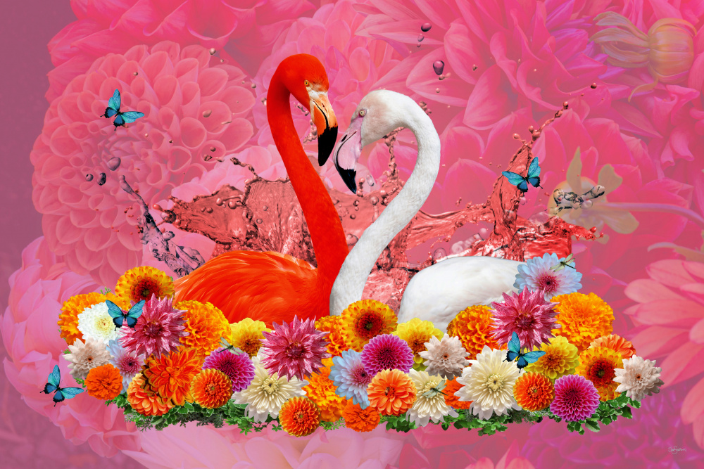 Flamingo &amp; Dahlias Spring von Sue Skellern