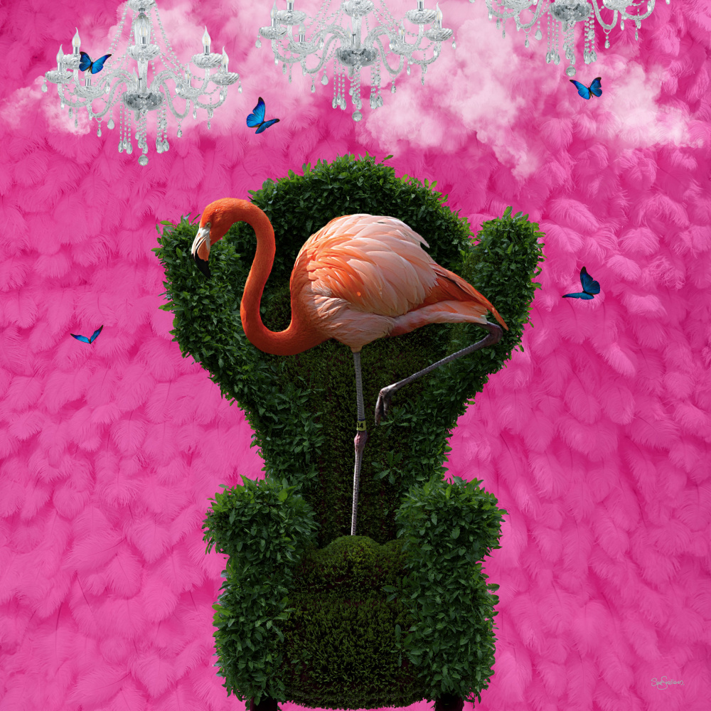 Fluttering Pink Flamingo on a Green Chair von Sue Skellern