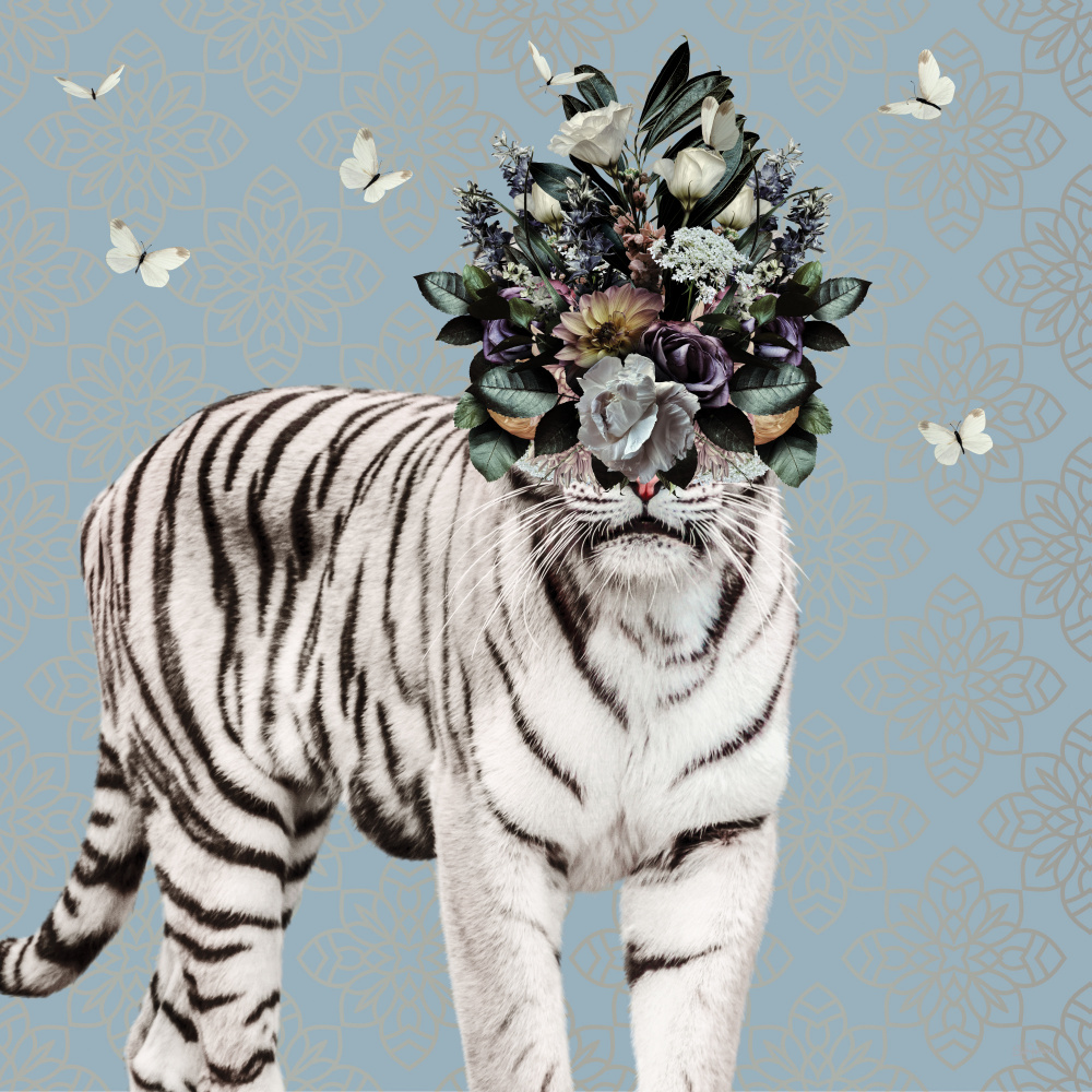 Spring Flower Bonnet On White Tiger von Sue Skellern