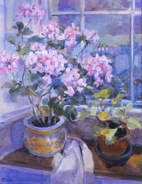 Pink geranium on window seat von Sue Wales