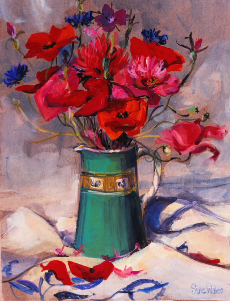 Poppies & cornflowers in green jug von Sue Wales