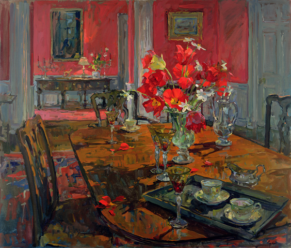 Tulips in a Red Dining Room von Susan  Ryder