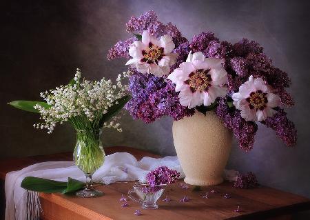 Spring still life with a bouquet of peonies