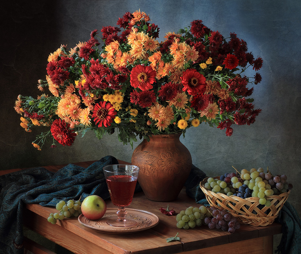 With a bouquet of chrysanthemums and wine von Tatyana Skorokhod