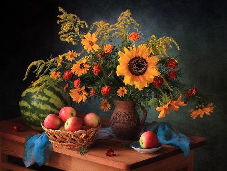 Still life with apples and bouquet