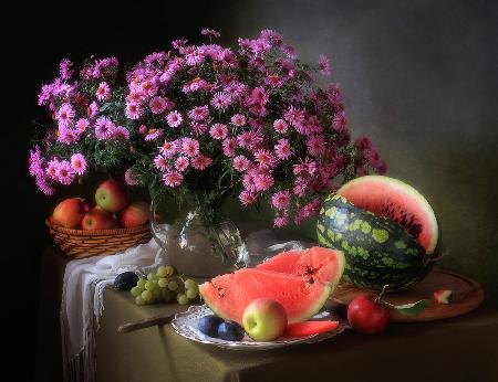 Still life with flowers and fruit