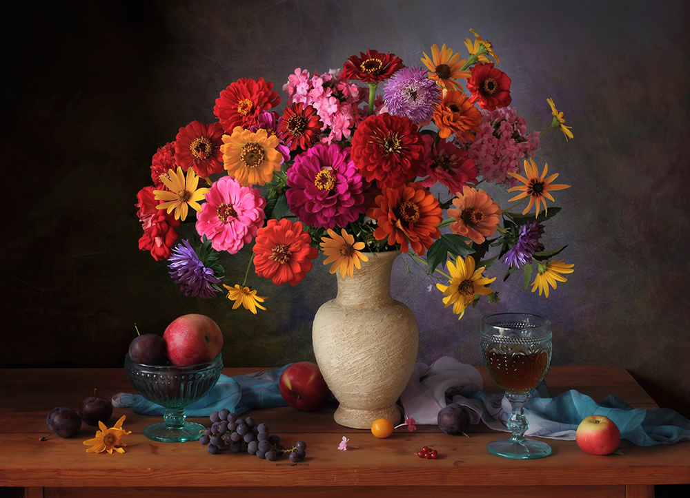 Still life with bouquet and wine von Tatyana Skorokhod