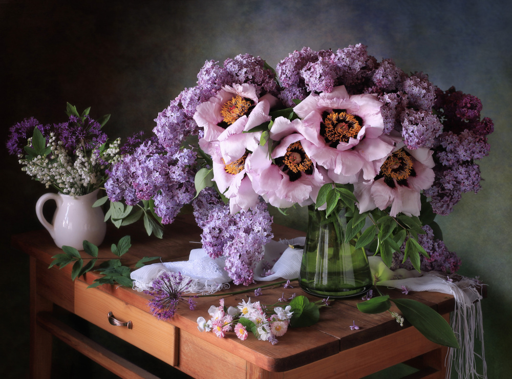 Still life with a bouquet of peonies and lilacs von Tatyana Skorokhod