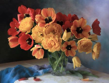 Still life with a bouquet of tulips