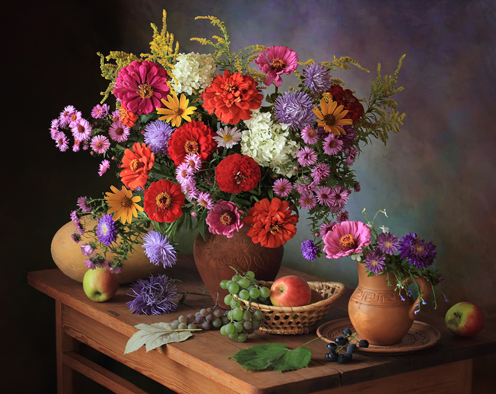 Still life with autumn flowers and fruits von Tatyana Skorokhod