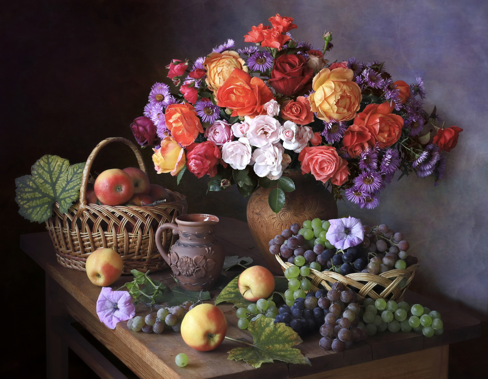 Still life with autumn bouquet and fruits von Tatyana Skorokhod