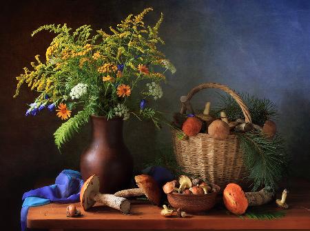 Still life with mushrooms and bouquet