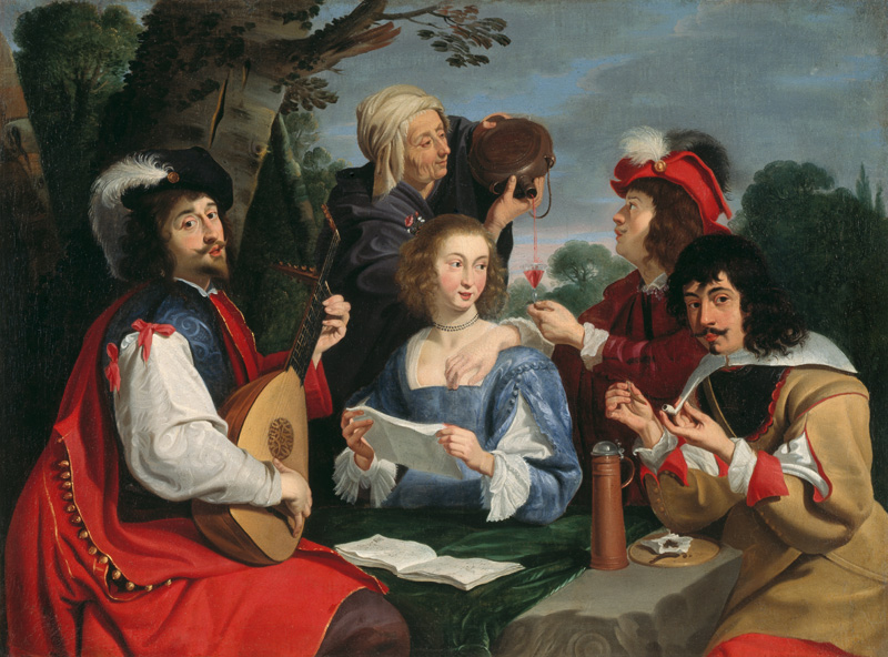 Die fünf Sinne (Vornehme Gesellschaft beim Musizieren in einem Park) von Theodor Rombouts (Nachfolger)