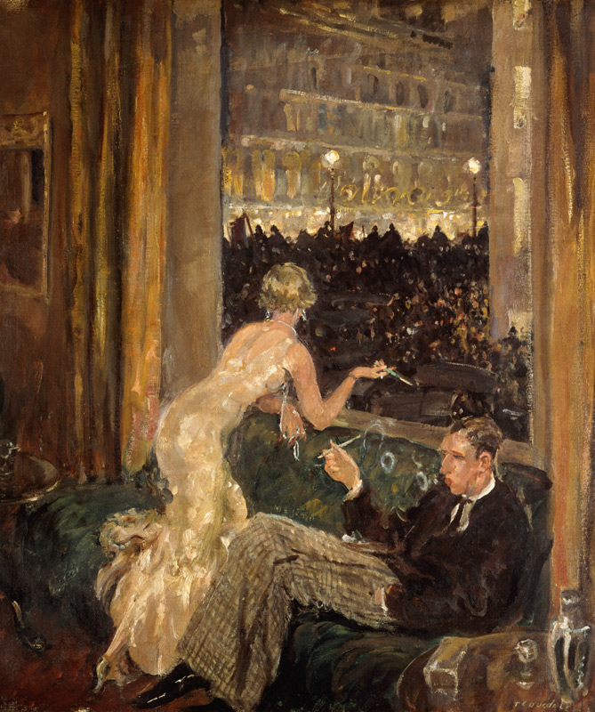 View of an interior with a couple watching the arrival of the Jarrow Marchers in London through a wi von Thomas Cantrell Dugdale