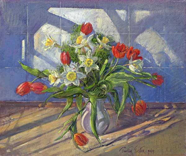 Spring Flowers with Window Reflections, 1994 (oil on canvas)  von Timothy  Easton