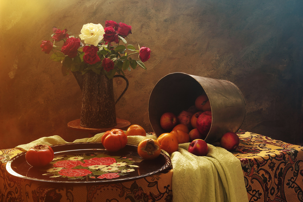 Still Life With Roses and Fruits von UstinaGreen