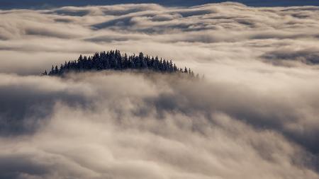 Island in the sea of clouds at sunset