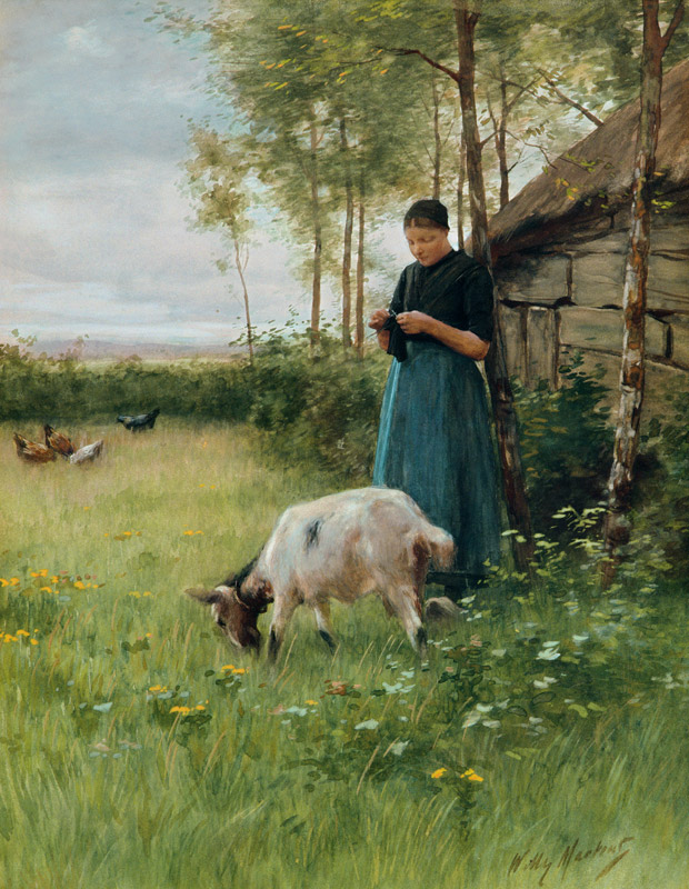 A Dutch girl with goat and chickens von Willy Martens