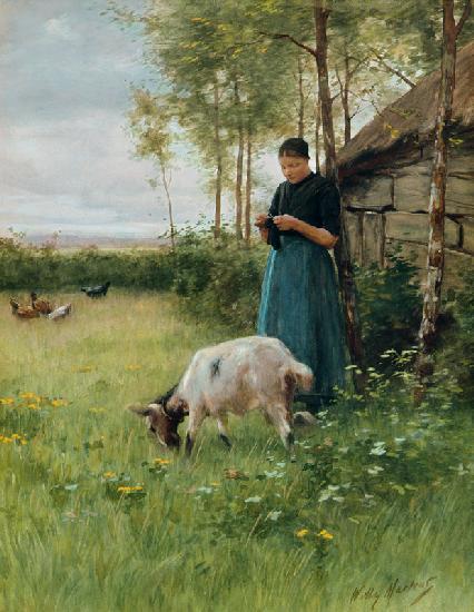 A Dutch girl with goat and chickens